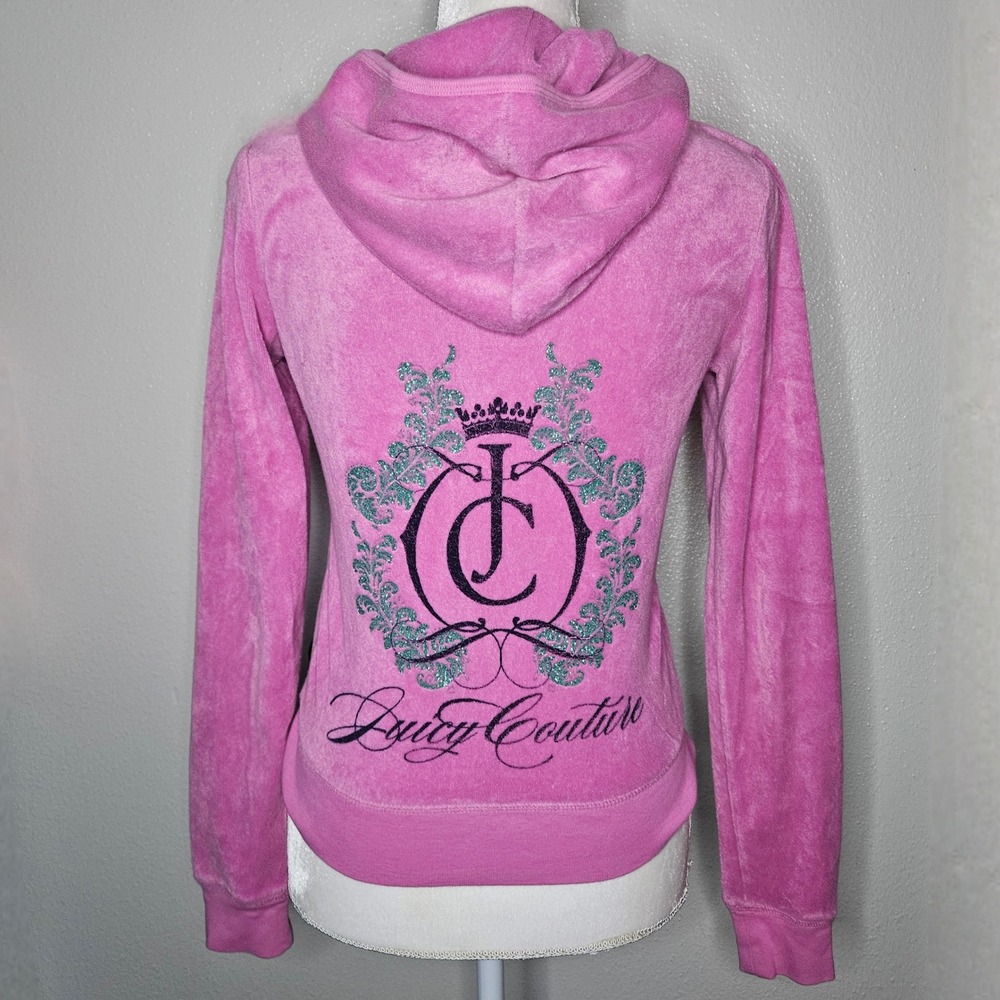Y2k Juicy Couture Pink Velour Zip Up Hoodie Graphic Back